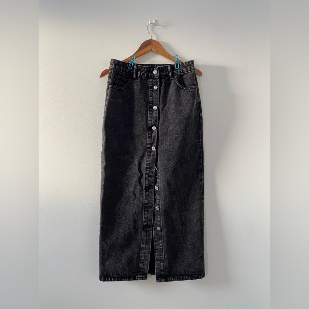 Black Denim Button-Down Maxi Skirt
